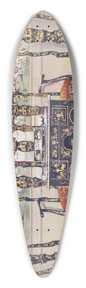 Edwin Foley - Black lacquer settee, chairs and table, red lacquer mirror 39.3 inch art pintail longboard deck