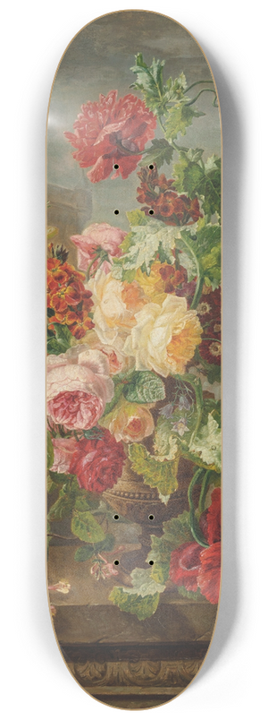 Jean-Pierre Lays - Roses, Poppies, Honeysuckle and Polyanthus, in a urn on a stone ledge 8.25 inch art skate deck