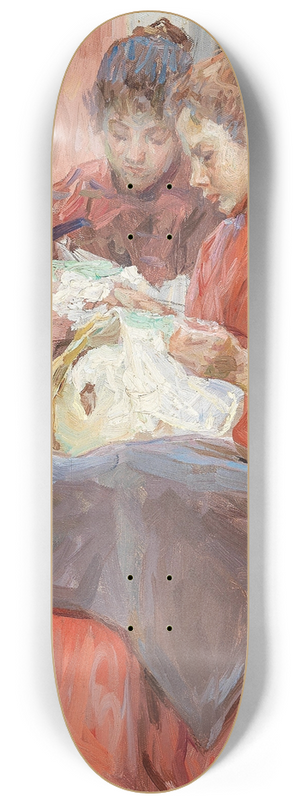 Josef Engelhart - Two Girls Engaged in Needlework 8.25 inch art skate deck