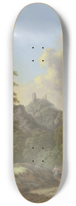 Johann Albrecht Friedrich Rauscher - Waldtal mit Blick auf eine Burgruine, im Vordergrund eine Hirtin mit drei Rindern und einem Hund 8.25 inch art skate deck