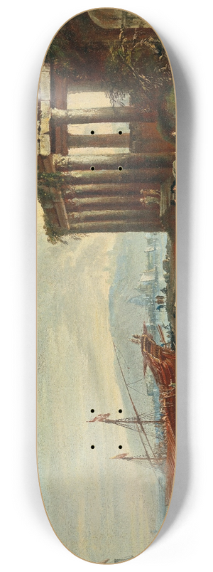 Johann Anton Eismann - A Mediterranean harbor with ruins and figures 8.25 inch art skate deck