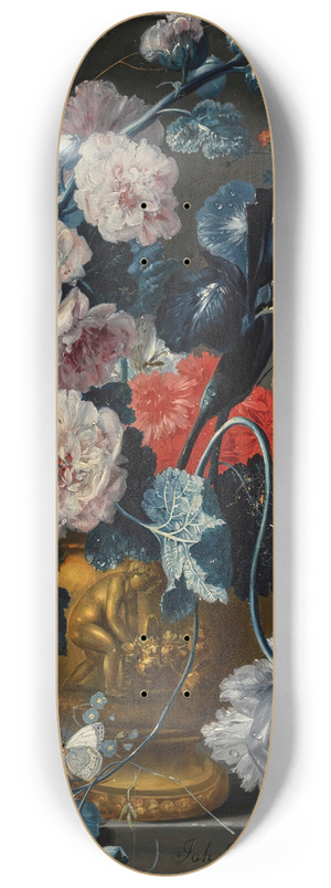Johann Baptist Drechsler - Still life with carnations, roses, hollyhocks andother flowers in a sculpted bronze urn with butterfliesin an alcove 8.25 inch art skate deck Johann Baptist Drechsler - Still life with carnations, roses, hollyhocks andother flowers in a sculpted bronze urn with butterfliesin an alcove 8.25 inch art skate deck