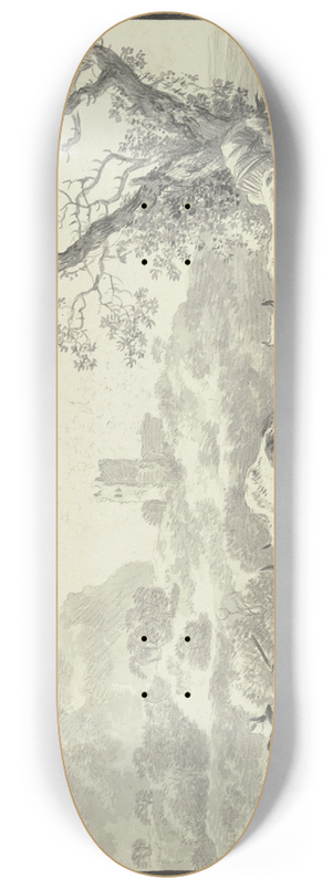 Johann Christian Klengel - Landschaft mit einer Burgruine, zwei Hirten fhren ihre Viehherde von rechts herbei 8.25 inch art skate deck