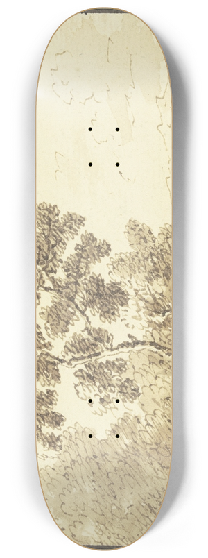 Johann Christoph Dietzsch - Waldrand, rechts Ausblick auf ein Dorf, am Weg ein stehender und ein sitzender Mann mit einem Hund 8.25 inch art skate deck
