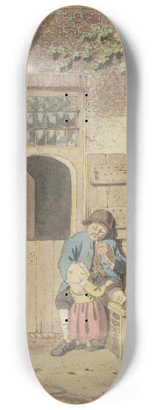 Johannes Christiaan Janson - Vor einer Haustr sitzt ein Bauer mit zwei Kindern, dabei zwei Hhner 8.25 inch art skate deck