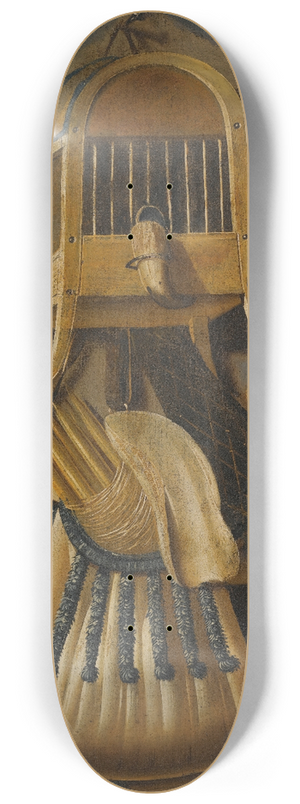 Johannes Leemans - A Trompe Loeil Still Life With A Bird Cage, A Hunting Horn, A Bird Whistle, And Other Hunting Implements Hanging On A Wall 8.25 inch art skate deck