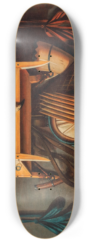 Johannes Leemans - A trompe loeil still life with a bird in a cage, a bird whistle, hunting horns and other hunting implements hanging on a wall 8.25 inch art skate deck