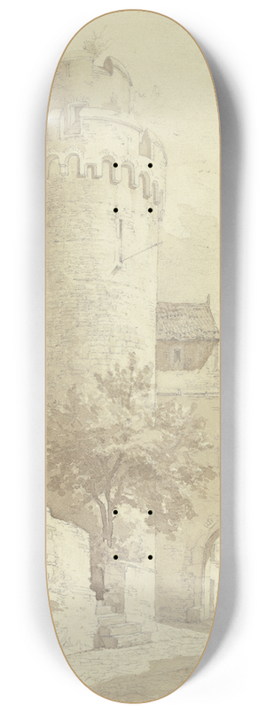 Johann Friedrich Hoff - Roter Turm mit Faultor in Wertheim, links der Turm der Stiftskirche St. Marien, rechts im Hintergrund die Burg Wertheim 8.25 inch art skate deck