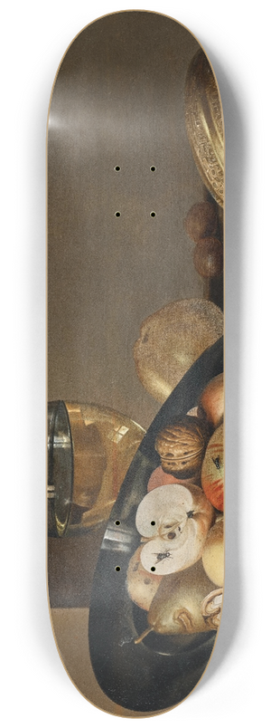 Ambrosius Bosschaert II - Apples, pears, peaches and walnuts on a pewter plate with fruit, a roemer, a melon, chestnuts and a grasshopper on a stone ledge in a niche 8.25 inch art skate deck