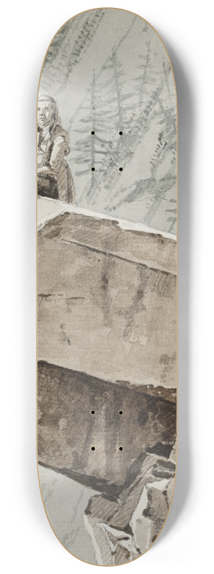 Martinus Rrbye - En mand, der sidder p et klippefremspring. I baggrunden en bjergskrning 8.25 inch art skate deck
