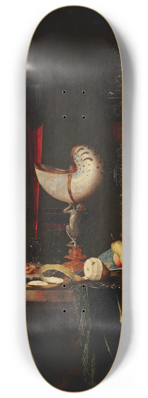 Johann Georg Hinz - A nautilus cup, a flute, a faon-de-Venise and a wine and beer glass with nuts on a silver charger 8.25 inch art skate deck Johann Georg Hinz - A nautilus cup, a flute, a faon-de-Venise and a wine and beer glass with nuts on a silver charger 8.25 inch art skate deck