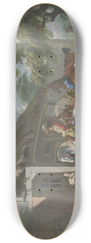 Johann Georg Pforr - Ein reichgekleideter Kavalier hlt mit drei Pferden und einem Diener vor einem Bauernhaus, eine barfige junge Frau schenkt ihm ein 8.25 inch art skate deck