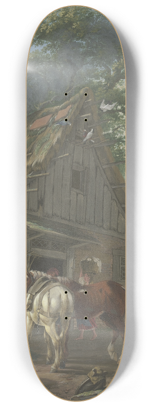Johann Georg Pforr - Zwei Bauernpferde vor einem Wirtshaus unter Bumen 8.25 inch art skate deck
