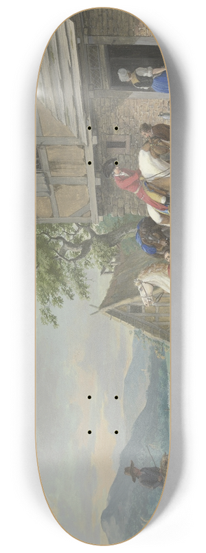 Johann Georg Pforr - Zwei Reiter mit einem Packpferd halten vor einem Bauernhaus 8.25 inch art skate deck