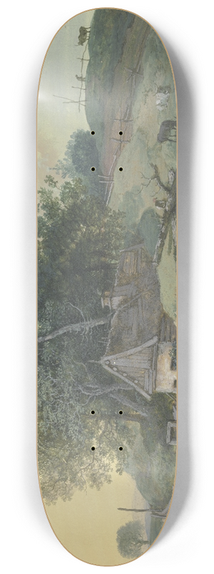 Johann Georg Wagner - Bauernhaus am Weg unter Bumen, Staffage von vielen Figuren und weidendem Vieh 8.25 inch art skate deck