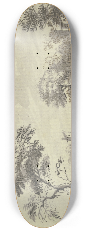 Johann Ludwig Aberli - Hgelige Landschaft mit Flu, Bumen und Husern 8.25 inch art skate deck