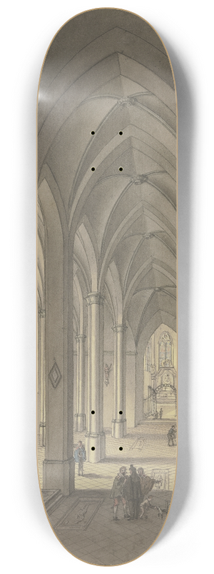 Johann Ludwig Ernst Morgenstern - Blick in den Chor einer dreischiffigen gotischen Hallenkirche mit Staffagefiguren in der Tracht des 17. Jahrhunderts 8.25 inch art skate deck