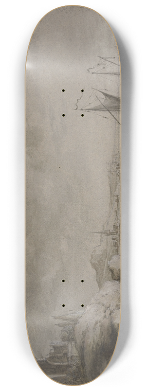 Johann Ludwig Ernst Morgenstern - Uferlandschaft mit Felsen, einer Ruine und einem Hafenstdtchen 8.25 inch art skate deck