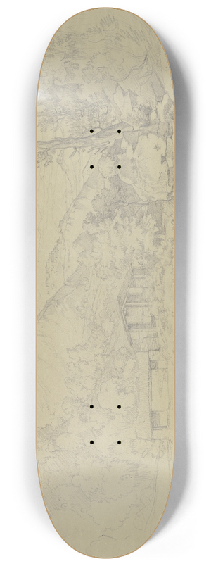 Johann Wilhelm Schirmer - Gebirgspartie mit Ruinen auf den Bergen, vorn ein Wasser mit einigen Htten 8.25 inch art skate deck