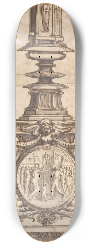 Perino Del Vaga - Design of a Candlestick with Winged Figures at Base Surrounding Scenic Medallion 8.25 inch art skate deck