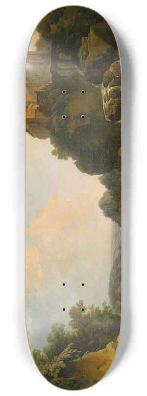 Philip James de Loutherbourg - Landscape with Waterfall, Castle and Peasants 8.25 inch art skate deck