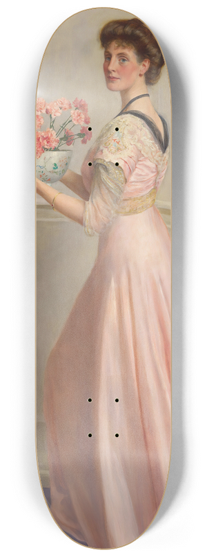 John Collier - Portrait of a lady in pink carrying a bowl of pink carnations 8.25 inch art skate deck