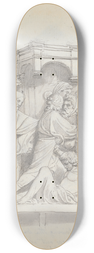 John Flaxman - The Expulsion of the Money Changers, from Lorenzo Ghibertis Baptistery Doors, Florence 8.25 inch art skate deck