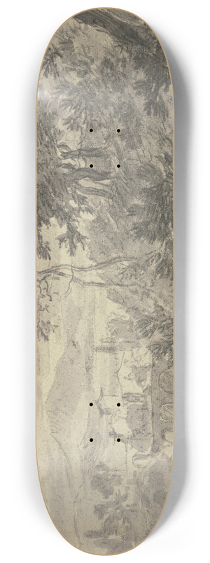 Adam Pynacker - Landschaft mit einem mit Weiden bewachsenem Flu, ber welchen eine Brcke mit drei Bogen fhrt, vorne Reiter und Fugnger 8.25 inch art skate deck