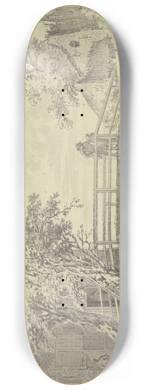 Steven Gobl - Zwischen Husern eine Brcke ber einen Kanal, auf welcher ein Mann und ein Mdchen stehen 8.25 inch art skate deck