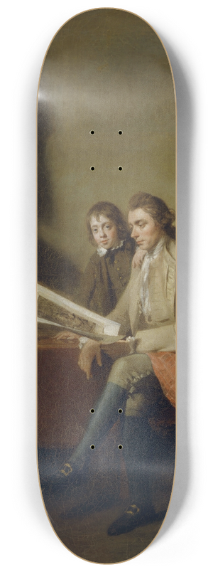 John Hamilton Mortimer - Portrait Of A Man And A Boy Looking At Prints 8.25 inch art skate deck