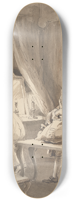 John Thomas Smith - Hogarth After His Wife had Put on a New Night Shirt, Ties up Her Things to Send to Sir James Thornhill with a Letter 8.25 inch art skate deck John Thomas Smith - Hogarth After His Wife had Put on a New Night Shirt, Ties up Her Things to Send to Sir James Thornhill with a Letter 8.25 inch art skate deck