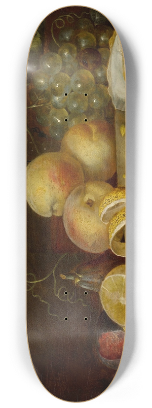 Joris van Son - Tabletop still life, including two oysters on a pewter dish, a wine glass, a partially-peeled lemon, and an assortment of fruit 8.25 inch art skate deck Joris van Son - Tabletop still life, including two oysters on a pewter dish, a wine glass, a partially-peeled lemon, and an assortment of fruit 8.25 inch art skate deck
