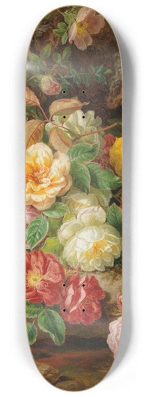 Josef Lauer - Still Life with Roses and Butterflies by a Brook in a Forest 8.25 inch art skate deck