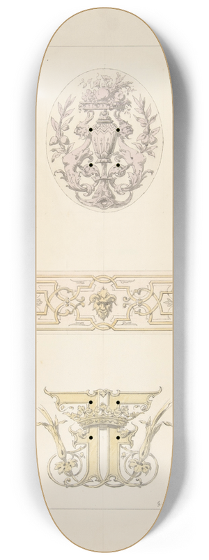 Jules-Edmond-Charles Lachaise - Two designs for decorative panels and one design for an ornamental monogram with a crown and the initials; FF 8.25 inch art skate deck Jules-Edmond-Charles Lachaise - Two designs for decorative panels and one design for an ornamental monogram with a crown and the initials; FF 8.25 inch art skate deck