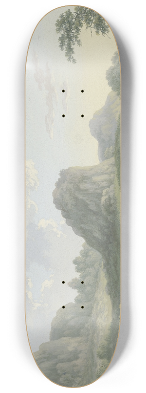 Karl Franz Kraul - Bergige Landschaft mit einem hohen Felsen, im Mittelgrund zwei Mnner bei einem Waldbach rastend 8.25 inch art skate deck