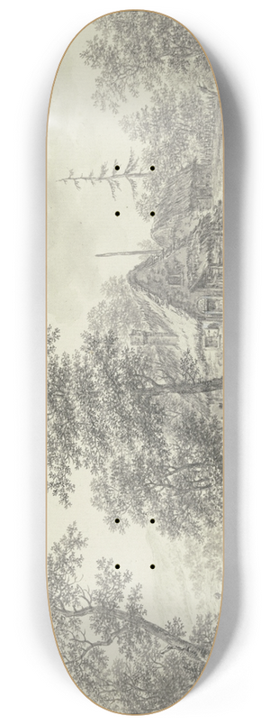 Karl Franz Kraul - Eichenwald mit zwei Strohhtten, im Vordergrund ein Bach mit zwei Bauern in einem Boot 8.25 inch art skate deck