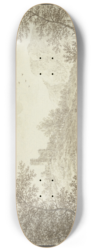 Karl Franz Kraul - Waldausgang mit Blick auf einen Hgel mit einer Ruine, im Vordergrund drei Figuren und rechts ein Bauernhof. 8.25 inch art skate deck