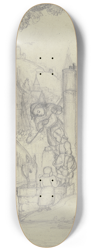 Karl Sandhaas - Knecht mit Pferd und Bauernkindern an einem Dorfbrunnen 8.25 inch art skate deck