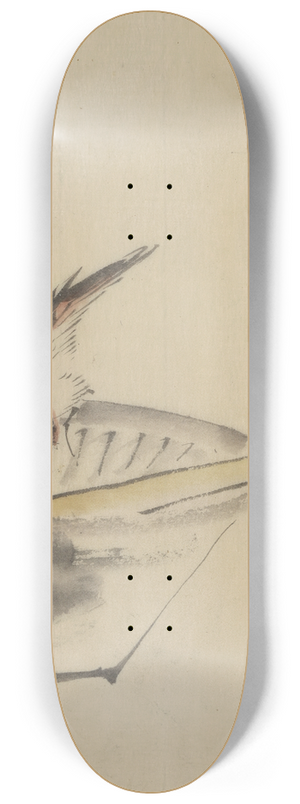 Katsushika Hokusai - A bird perched on the edge of a bowl, with head cocked, looking at a utensil in the bowl 8.25 inch art skate deck Katsushika Hokusai - A bird perched on the edge of a bowl, with head cocked, looking at a utensil in the bowl 8.25 inch art skate deck