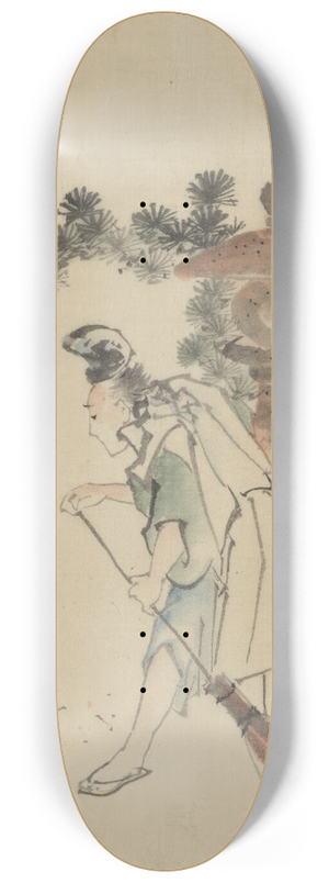 Katsushika Hokusai - A man sweeping pine needles that have fallen from a tree near a stone shrine 8.25 inch art skate deck