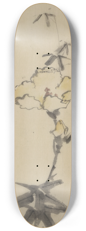 Katsushika Hokusai - Yellow blossom with bud on a stalk above leaves 8.25 inch art skate deck