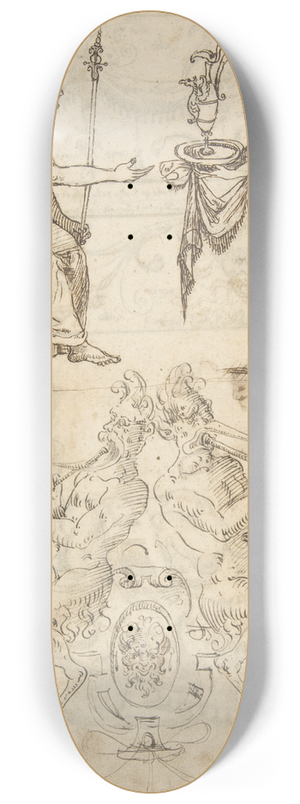 Andrs de Melgar - Sheet with multiple Designs; Figurative Scene with Two Women (top) and Two Satyrs Playing Horns, Seated Back to Back (bottom) 8.25 inch art skate deck