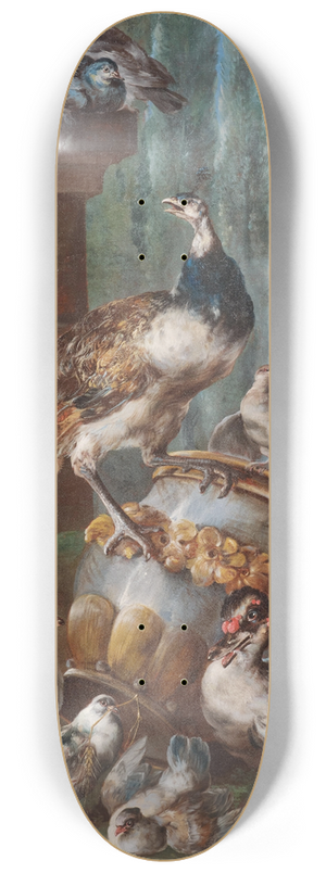 Angelo Maria Crivelli - A peacock, pigeons, ducks and rabbits in an idealised landscape 8.25 inch art skate deck