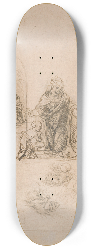 Leonardo da Vinci - Compositional Sketches for the Virgin Adoring the Christ Child, with and without the Infant St. John the Baptist; Diagram of a Perspectival Projection 8.25 inch art skate deck Leonardo da Vinci - Compositional Sketches for the Virgin Adoring the Christ Child, with and without the Infant St. John the Baptist; Diagram of a Perspectival Projection 8.25 inch art skate deck