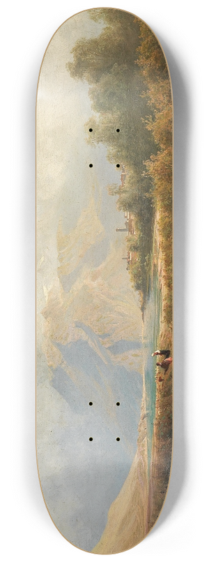 Leopold Heinrich Vscher - Upper Italian Town on a Lakeshore with Herd of Sheep and Shepherd in the foreground 8.25 inch art skate deck