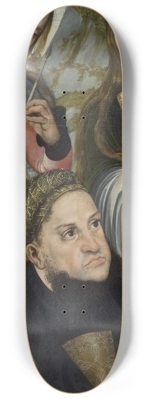 Lucas Cranach the Elder - The Elector Frederic the Wise of Saxony (1463-1525) with the Saints Ursula (left) and Genevieve (right) 8.25 inch art skate deck