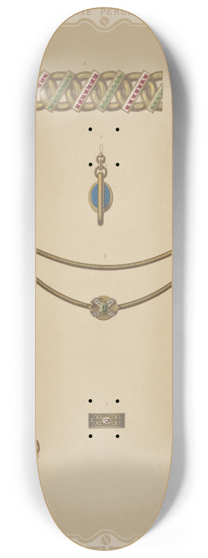 Martin Gerlach - Seven Designs For Jewelry, Including Heart-Shaped Pendant Watch On Gold Anchor With Gold Chain And Cross. 8.25 inch art skate deck
