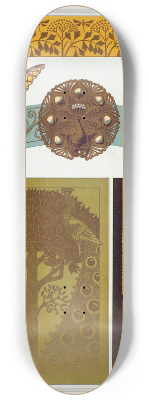 Maurice Pillard Verneuil - Libellules, fer  dorer; papillon, paon, hippocampes et libellule, bijoux; paons, fer  dorer; chvres, bordure 8.25 inch art skate deck