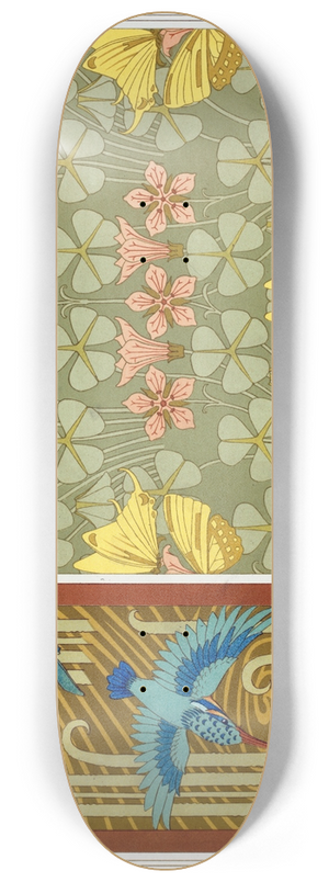 Maurice Pillard Verneuil - Martins-pcheurs, libellules et butome en ombrelle, bordures; papillons et oxalide, toffe 8.25 inch art skate deck Maurice Pillard Verneuil - Martins-pcheurs, libellules et butome en ombrelle, bordures; papillons et oxalide, toffe 8.25 inch art skate deck
