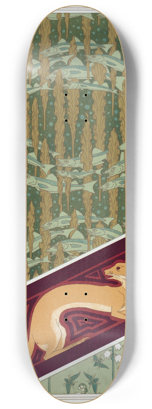 Maurice Pillard Verneuil - Merlans et algues, papier peint. Mouches et muguet, toffe de soie. Hermine vulgaire, bordure. 8.25 inch art skate deck